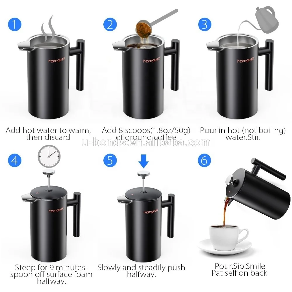 
Amazon 1000ml 34oz stainless steel double wall matte black color french press 