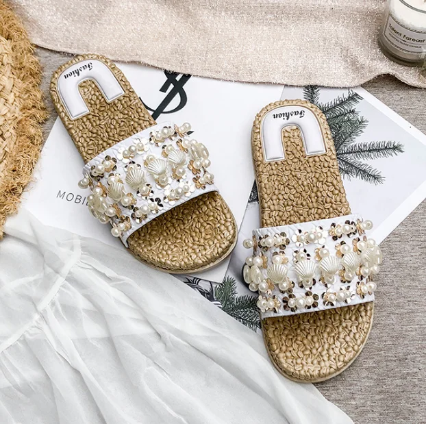 Newest China supplier fashion summer wholesale casual fancy pearl design women sandals ladies slippers