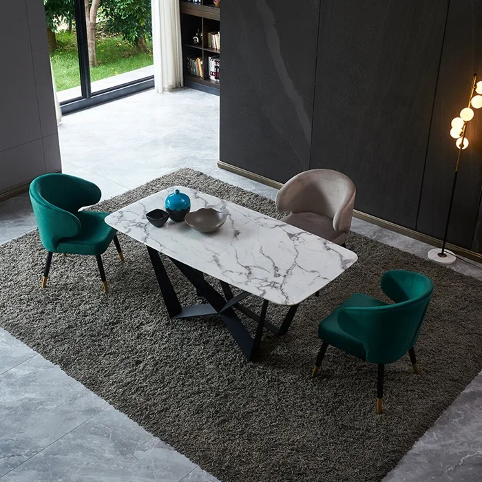 Foshan furniture modern luxury dining table set marble top gold stainless steel round marble dining table with 6 chairs