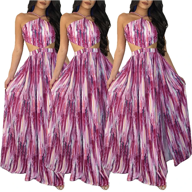 Hollow Out Waist Silk Dress Pattern Pictures Women Sexy Halter Backless Floral Long Maxi Summer Beach Dress