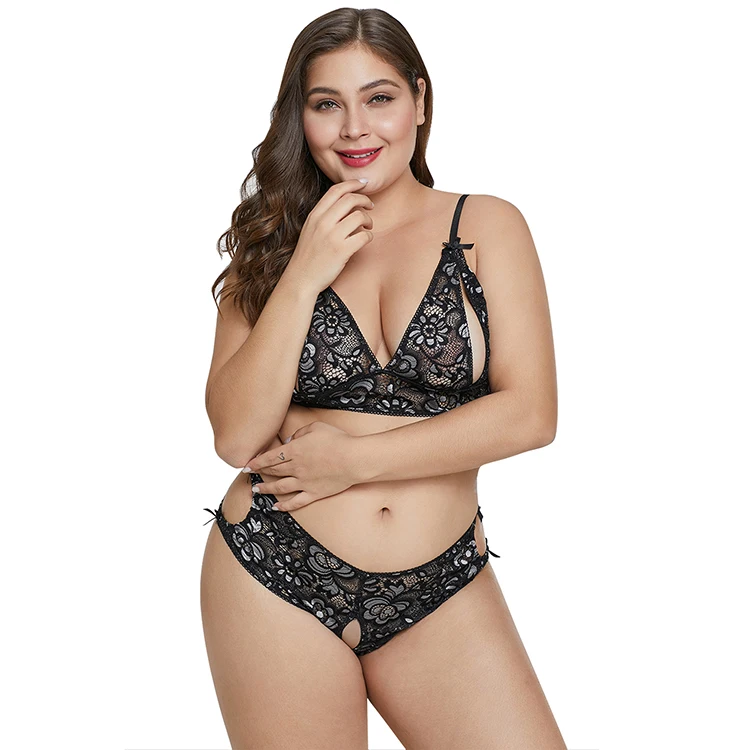Plus Size Underwear Peek-a-boo Floral Lace Bralettes and Panty Set Sexy Lingerie Set for Fat Women