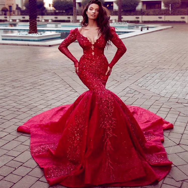Luxury Dark Red Wedding Dresses African Bridal dress Sexy Mermaid wedding Gown With Long Sleeve wedding dress 2021