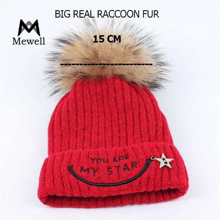 Children's Ski Hat with Crochet Pom Real Fur Winter Children's Hat