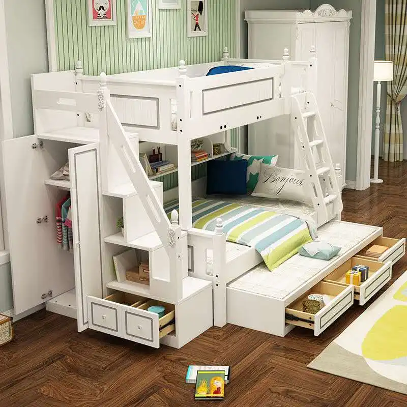 White Pine Solid Wood Convertible Multifunction Wooden Boys Bunk Bed Kids Bunk Bed With Slide and Drawer