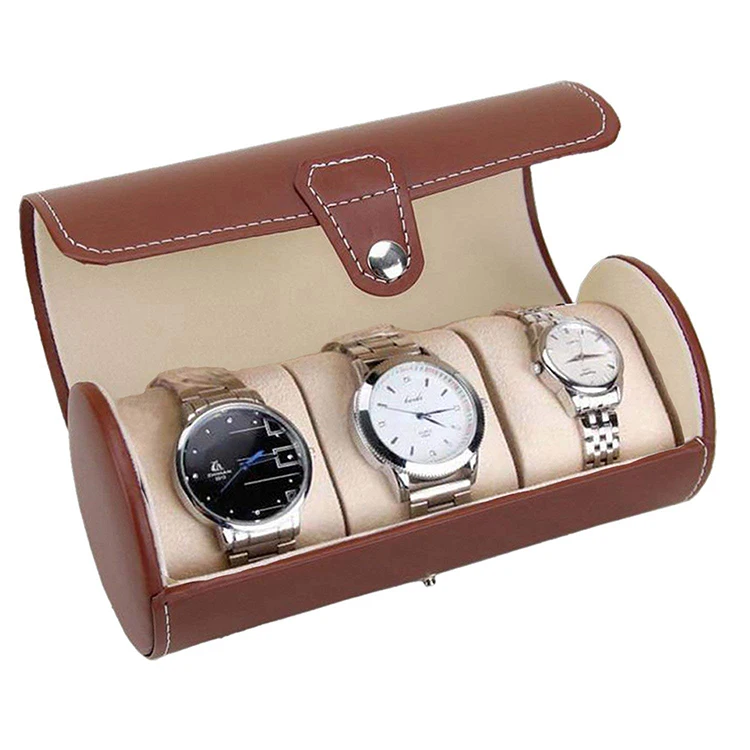 wholesale Travel Round Cylinder Leather storage 3 watch case luxury Roll box