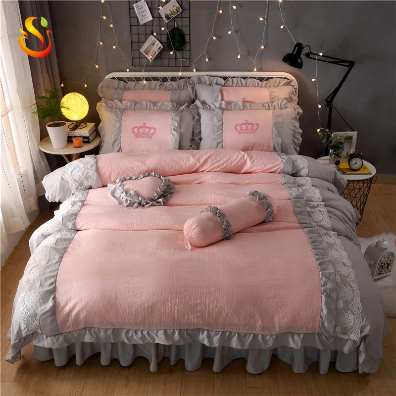 
Ins girl heart four-piece princess style washed cotton bed quilt cover lace ruffled net red bedding 