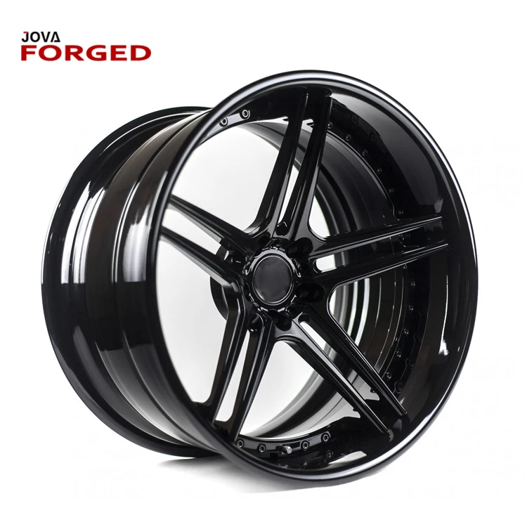 Glossy black wheels 5 spokes in 2 pieces. 5 lug alloy frame