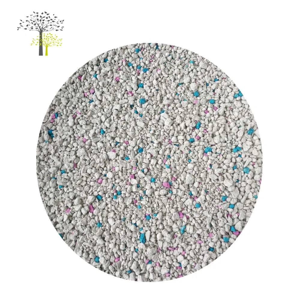 Granular colored clumping mineral cat sand with fruit scent