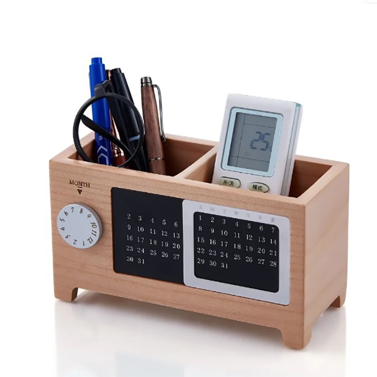Wooden Office Supplies Desk Organizer Pen and Pencil Holder Stationery Storage Box with Calendar for the Desk