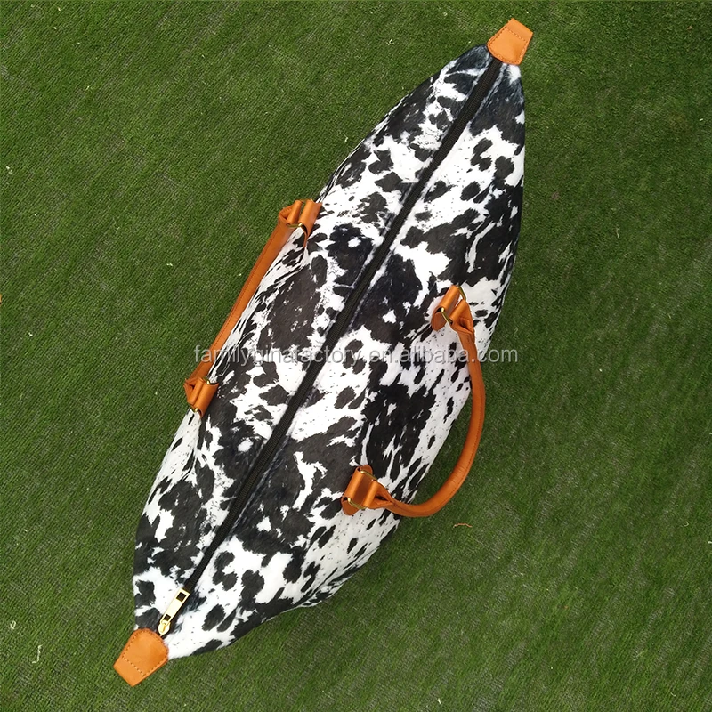 
Hot Sale Monogrammed Faux Fur Black Cowhide Cow Print Travel Weekender Bag 