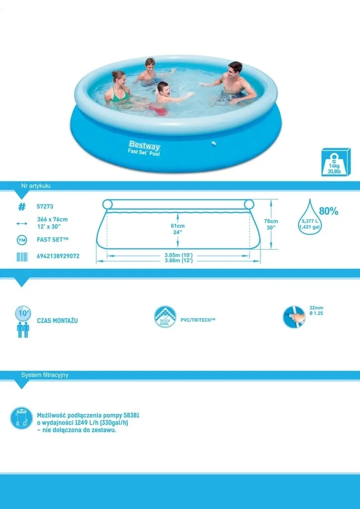 Надувной садовый бассейн 57273, 12x30 дюймов, легко устанавливается над землей