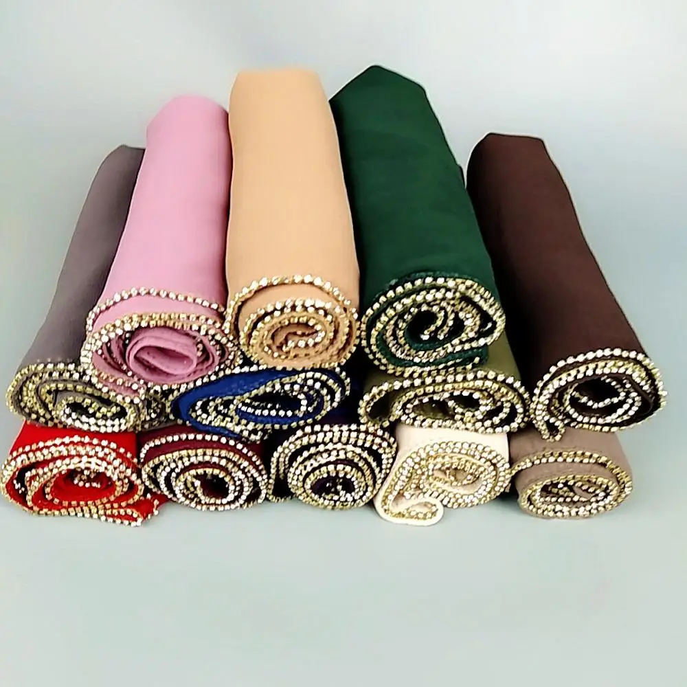 High quality women hijab scarf with stone Muslim soft shawls promotional fashion solid color stretchy scarfs chiffon hijab