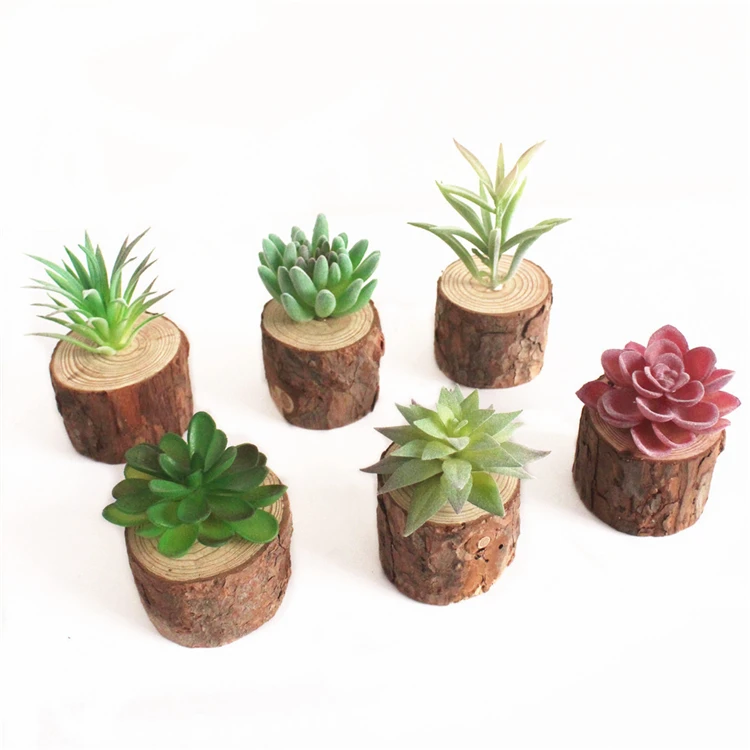 Small Table decoration Artificial Succulents plant potted with wooden base for house indoor decoration