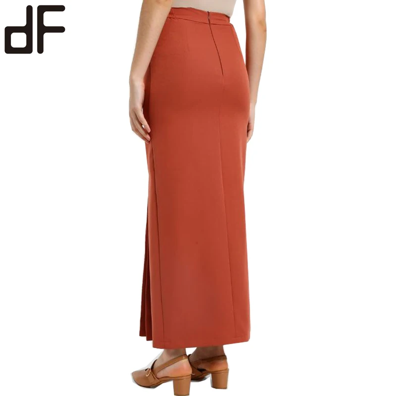 OEM Baju Kurung Made In China Satin Kebaya Ladies Muslim Dress Set Solid Orange Blouse And Pleated Long Skirt Baju Kurung