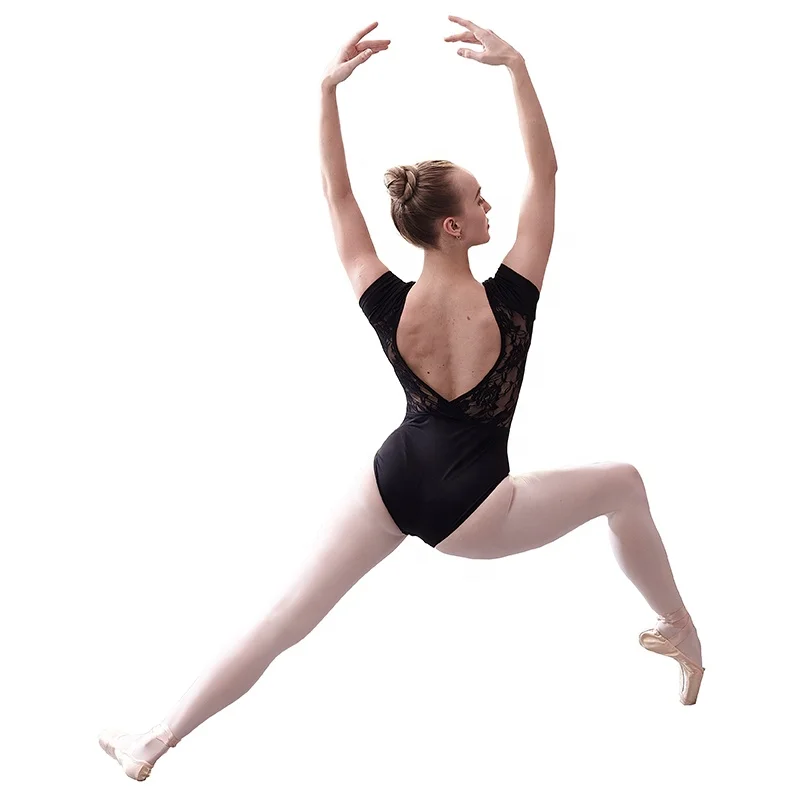 JW adult low lace back sexy ballet short sleeve dancewear adult black ballet leotard