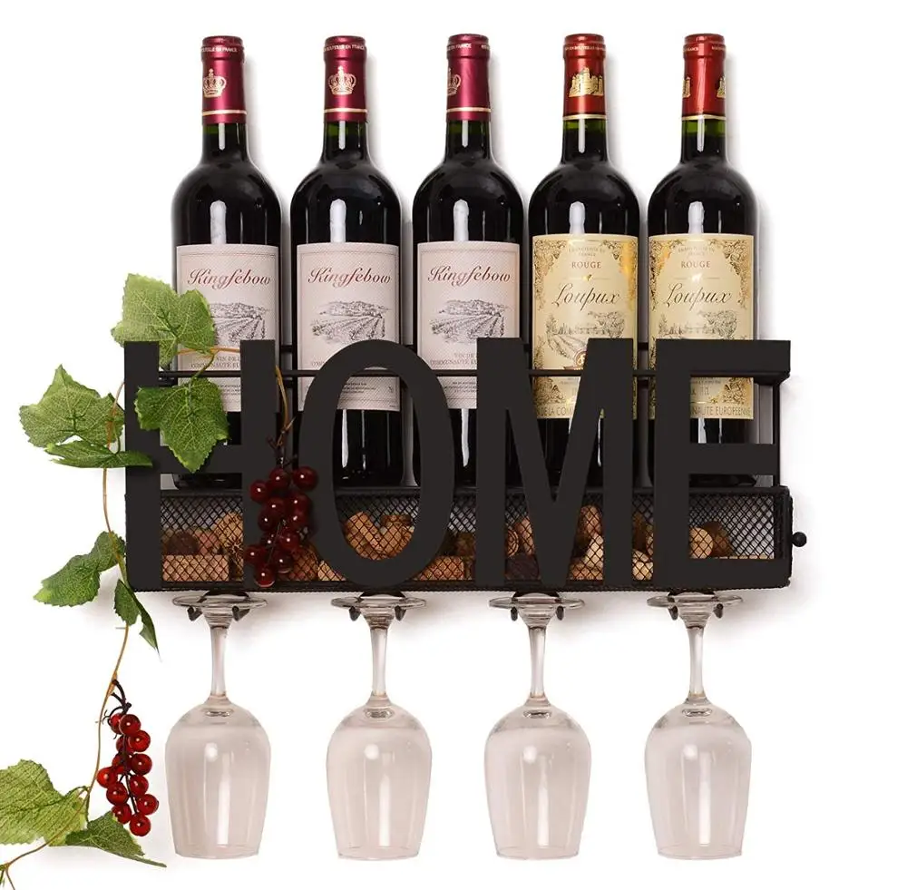
Decorative Black Home Wall Mounted Hanging Metal Wine Bottle Rack Holder with 4 Glass Holder & Wine Cork Storage 