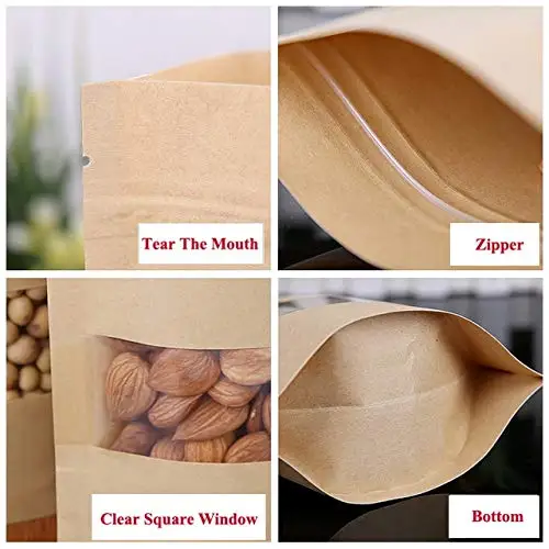 Biodegradable Eco Friendly Kraft Paper Zipper Bag Clear Window Stand Up Kraft Paper Pouch