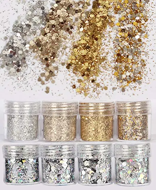 Jingxin Gold Silver Body Chunky Glitter Makeup, Holographic Flake Cosmetic Sequins Glitter Sparkle Mixed Glitter for decoration