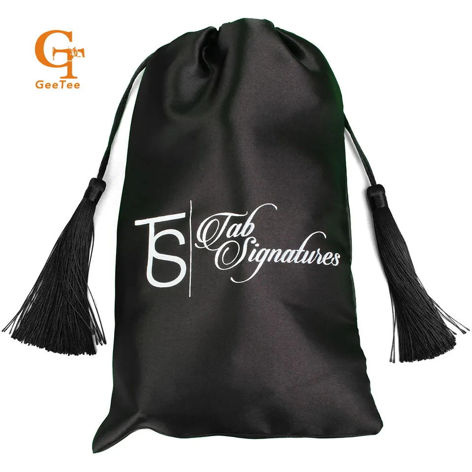 custom logo shop name Virgin hair bundle extensions packaging bags,Customized Luxury silk satin bags hair packing with tassel