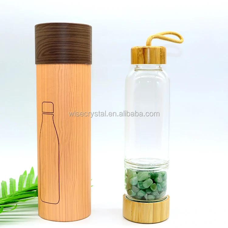 
Glass Drinking Bottle healing water bottle crystal gemstone with Bamboo Lid for gift 