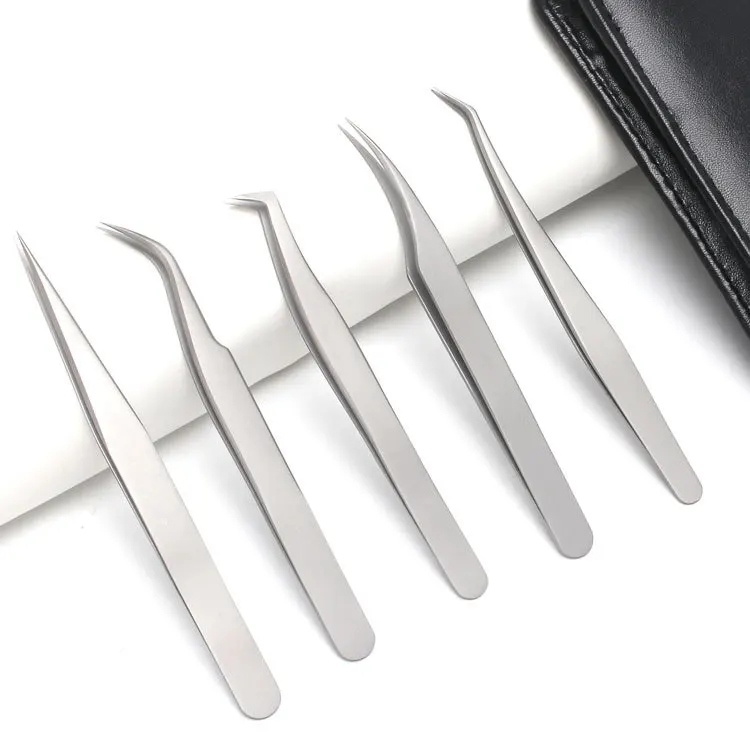 
Factory Supplying Stainless Steel Silver Color False Eyelashes Applicator Eyelash Extention Tweezers with PU Case 