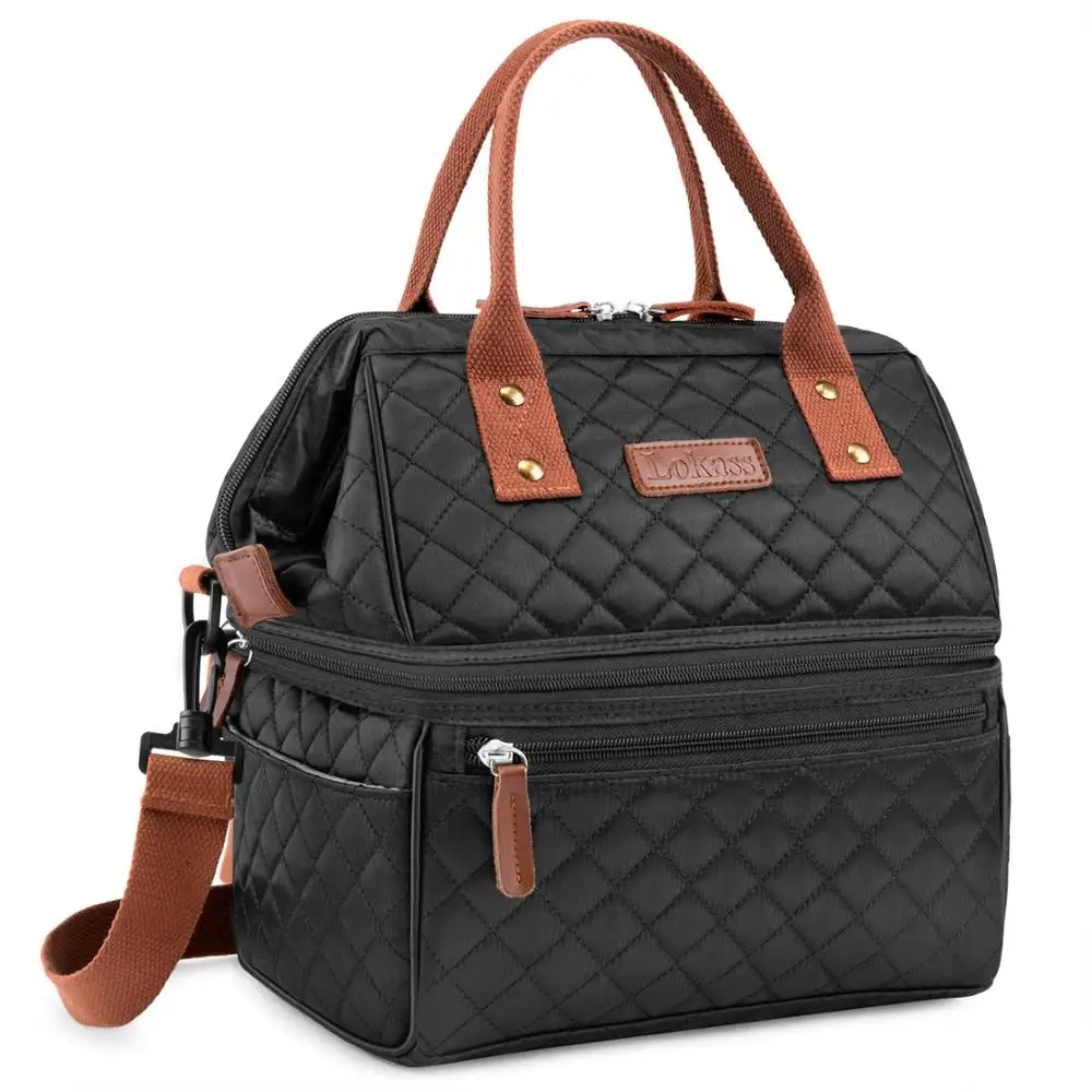 Lokass Stylish Wide Opening Two Layer Double Decker Layer Cooler Tote Handbag Lunch Box Lady Bag With Shoulder Strap For Work