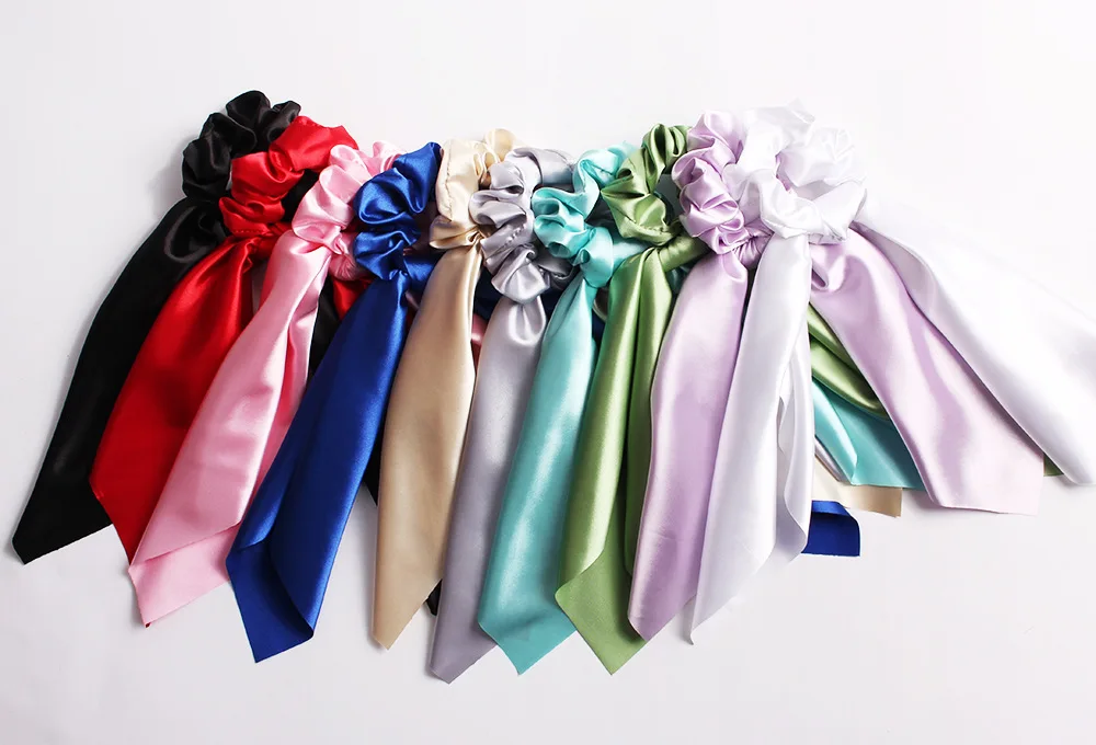 Custom Girls Ponytail Holder Ties Accessories Silk Satin Oversized Hair Ties Bands Scarf Ribbon Scrunchies