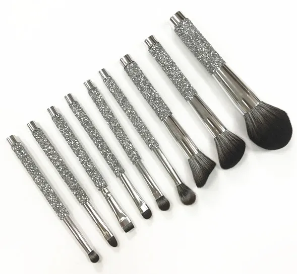YRX W029 9PCS Diamond Luxury Makeup Brush Gif Set Bling Personalised Private Label High Quality Silver  Makeup Brush Set