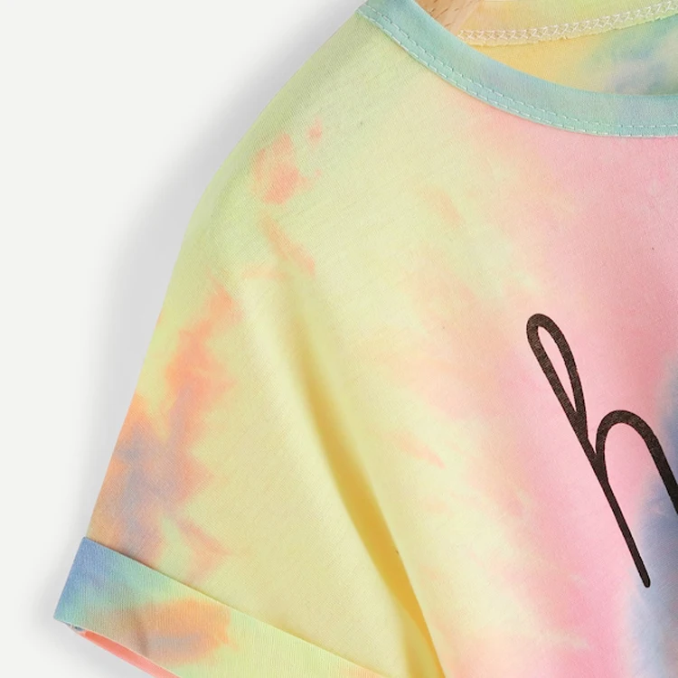 
Hot seller Cuffed Sleeve Crop Pastel Tie Dye Tee girls t shirt 