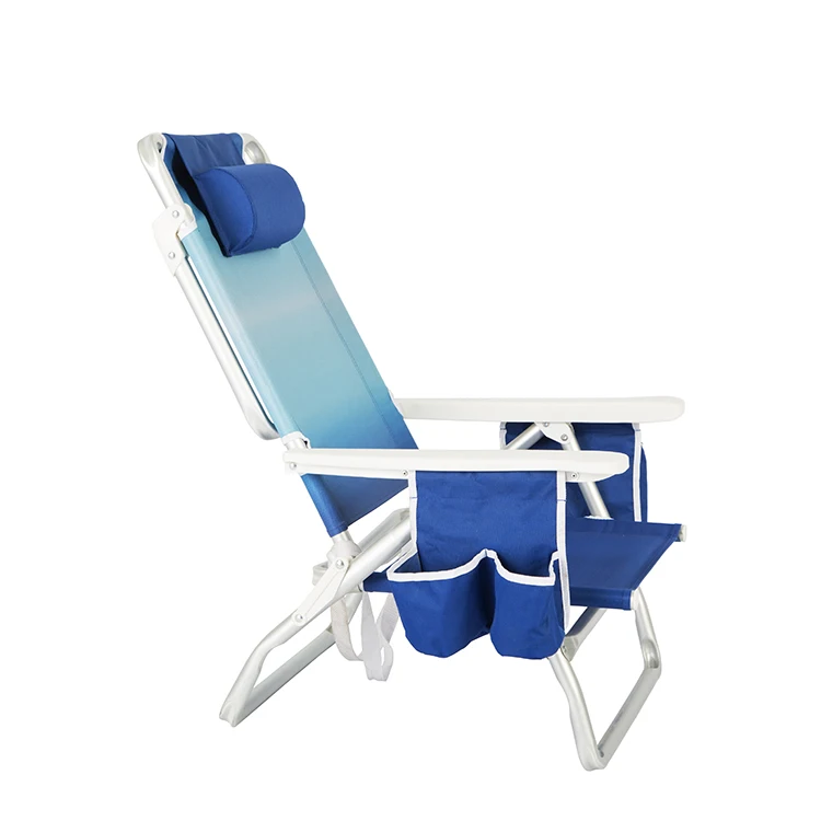 Outdoor Portable Aluminum Folding Reclining Beach Chair with Pockets and Bottle Pouch