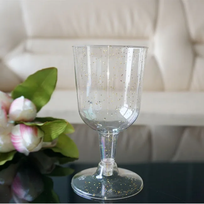 7 oz Gold Glitter Disposable Wine Glasses Clear Hard Plastic Disposable Fancy Cups for Parties & Weddings