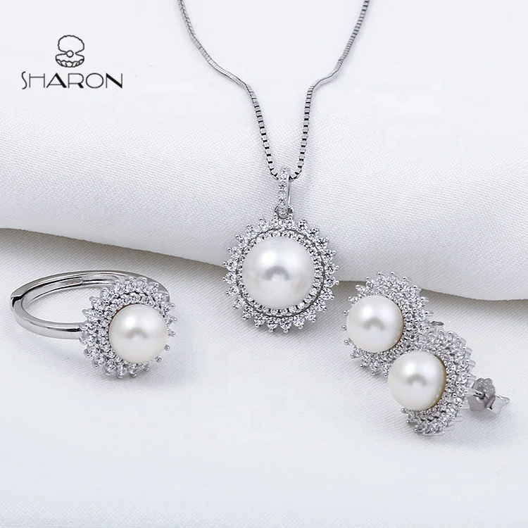 
Sharon 2020 Newest Design Wedding CZ Flower Sterling Silver Freshwater Pearl Jewelry Set For Women 