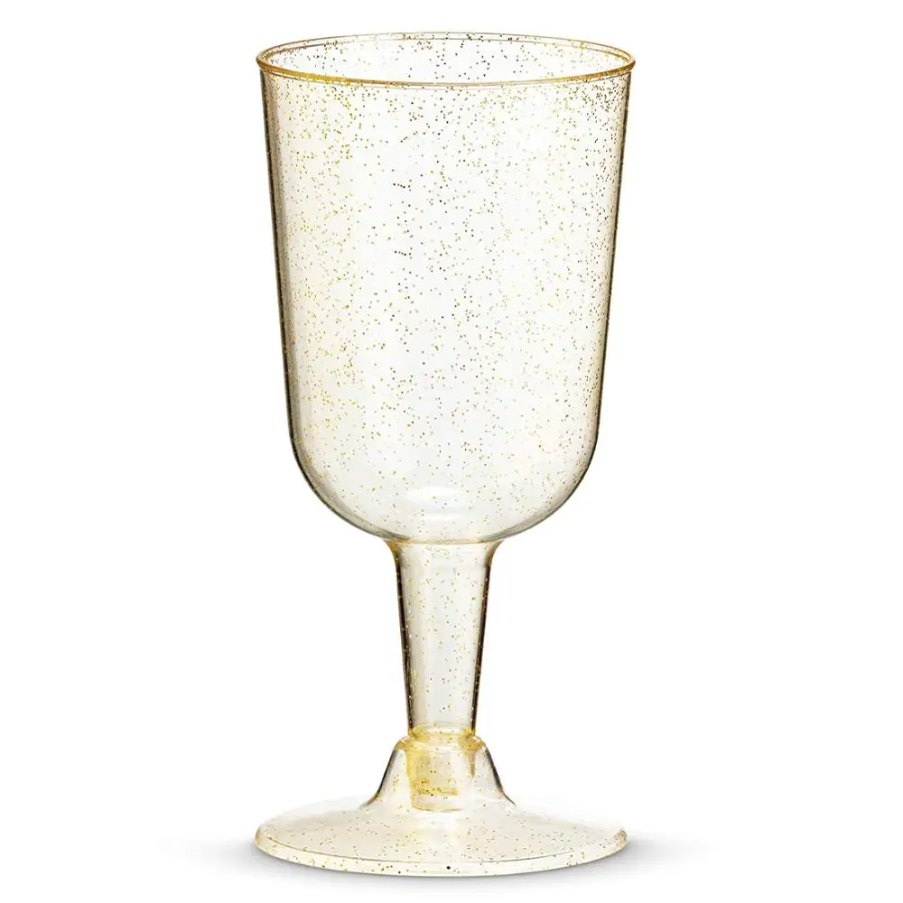 7 oz Gold Glitter Disposable Wine Glasses Clear Hard Plastic Disposable Fancy Cups for Parties & Weddings