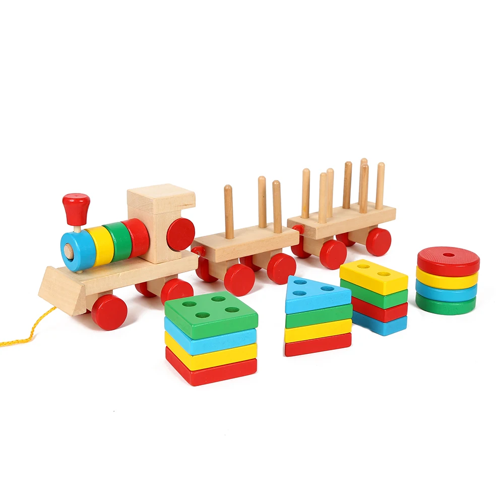 New arrival stock kids toys train educational pull cart wooden block train pull push toys