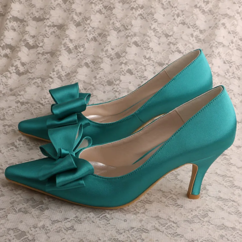 White Mid Heel Shoes Woman with Big Bows