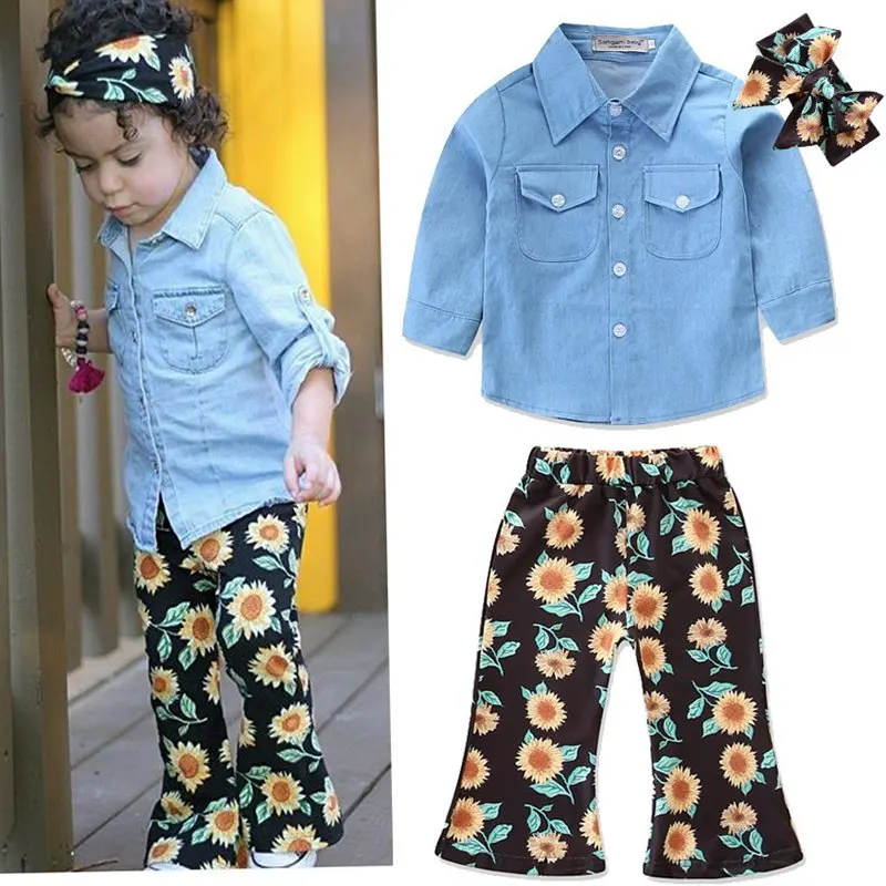 Baby Floral outfits girls headband + top + chrysanthemum print Bell-bottoms pants 3pcs/set Autumn suit Boutique
