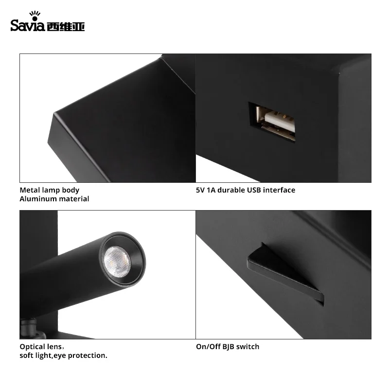 Savia modern USB book reading LED wall lamp surface mounted light headboard bedside bed adjustable for hotel bedroom