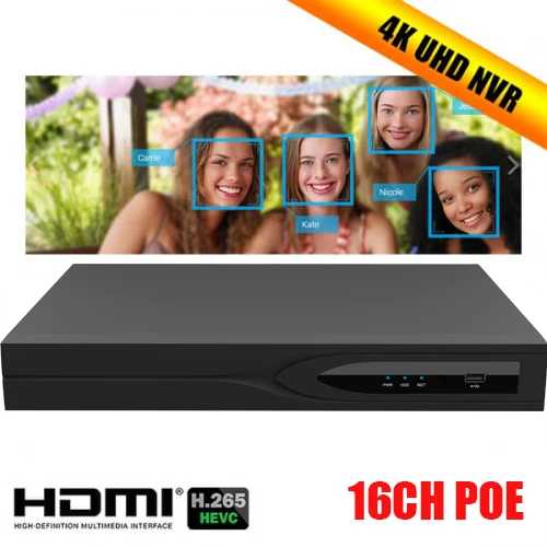 ENSTER 16CH POE H.265 4 К (8MP) onvif NVR поддерживает 2x6 ТБ sata hdd Поддержка распознавания лиц поддержки hdmi