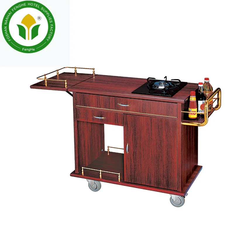 Hotel cherry red solid wood four wheels cooking cart flambe trolley
