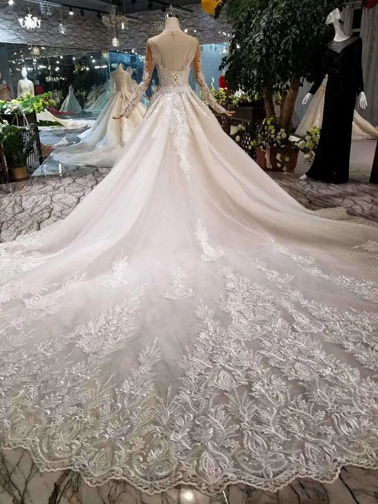 HTL132 long beaded sleeves vestidos de novia bride 2019 designs detachable train mermaid wedding dress bridal gown