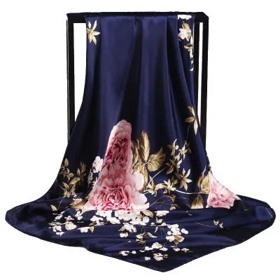 Wholesale Peony Pink Floral 100% Polyester square silk satin hijab head scarf for women