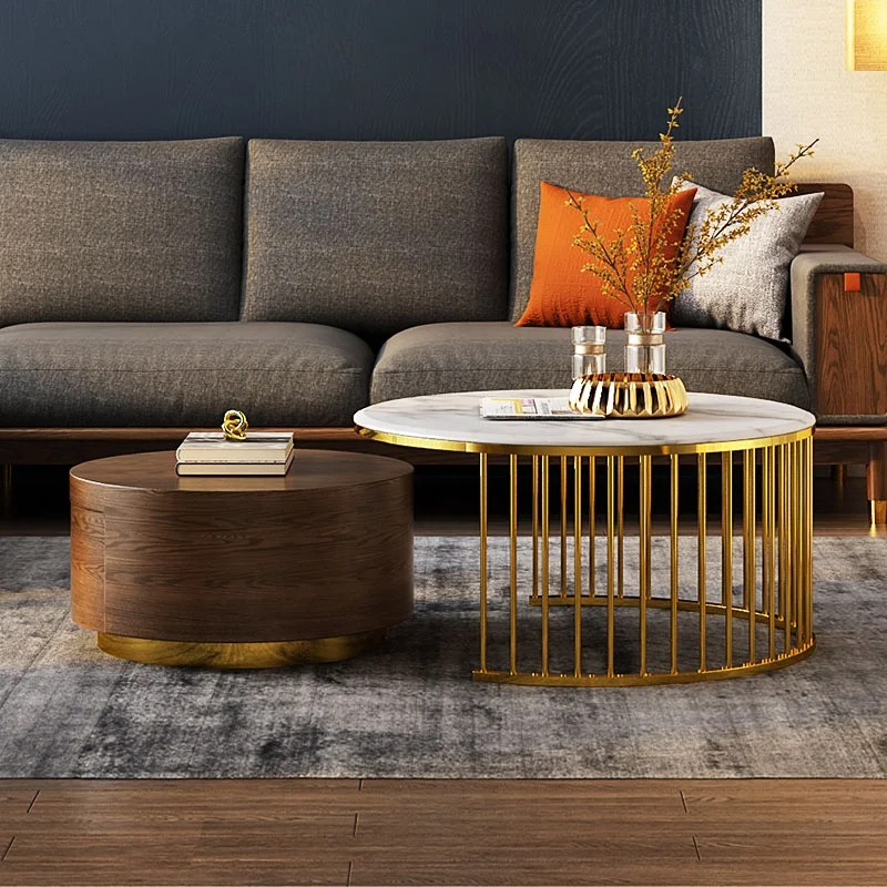 Marble top Solid wood coffee tables metal gold  Round Shape Living Room Furniture Tea Table  with storage Factory Wholesale