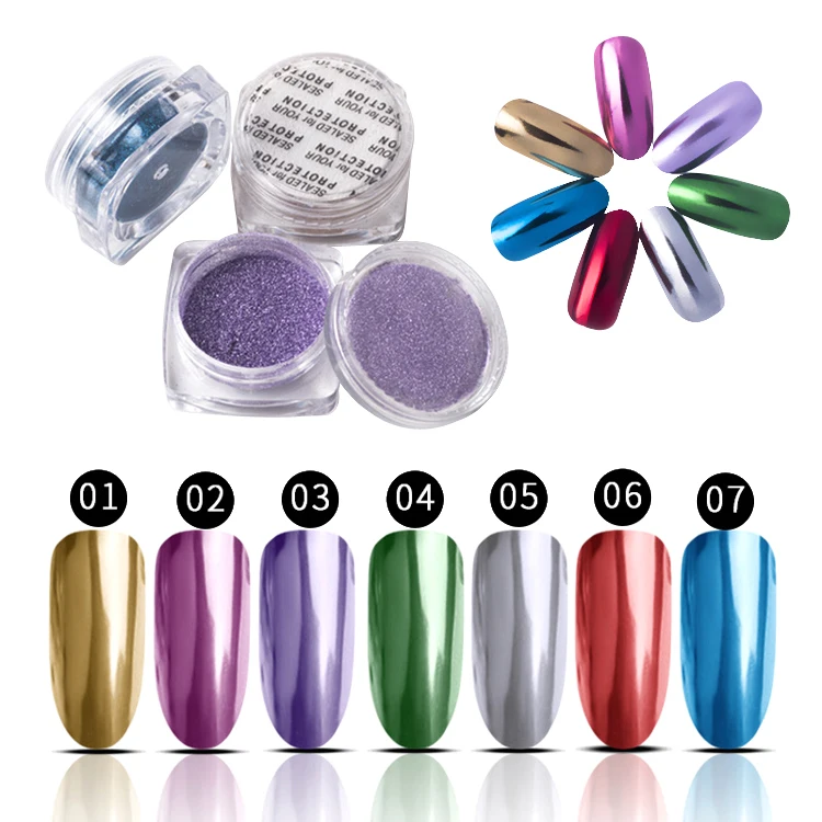 Hot sale 7 colors magic metallic mirror effect nail art powder chrome mirror nails pigment powder