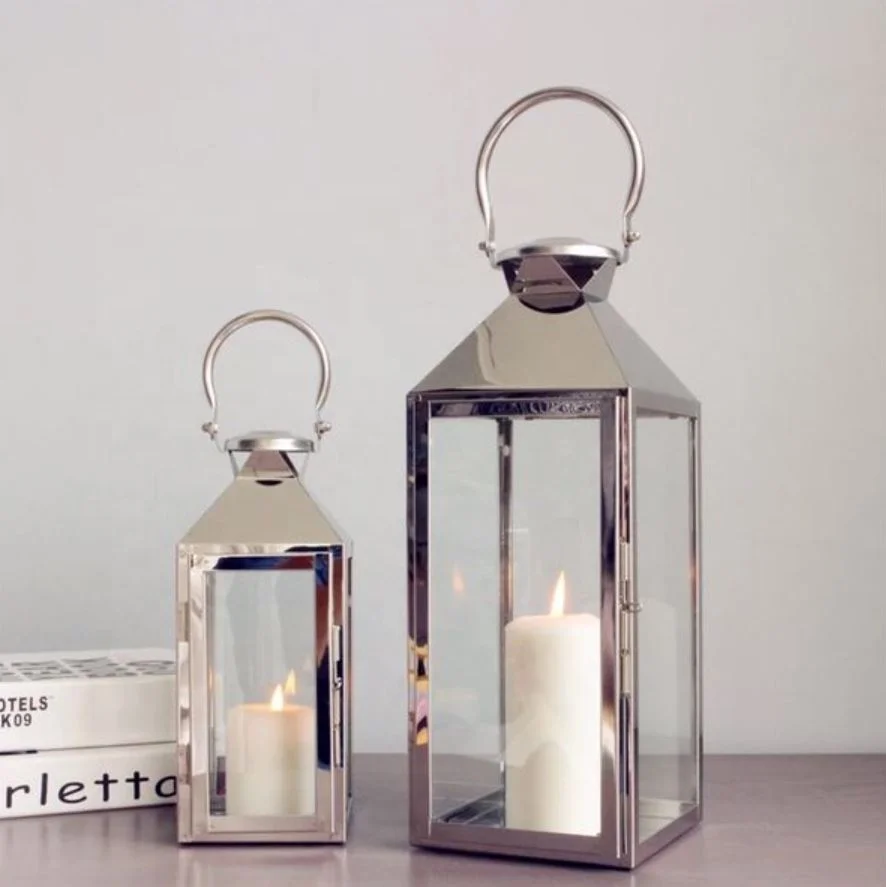 
Stainless steel glass gold hanging lantern metal candle holder wedding decor 