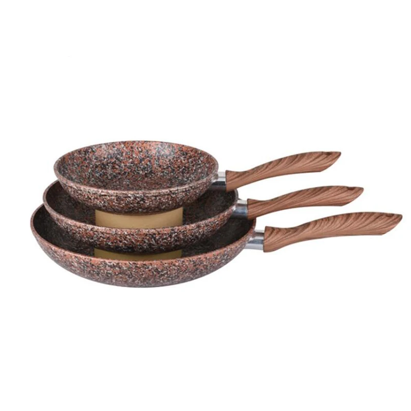 Forged nonstick stone marble coating fry pan 3 sets with wooden handle