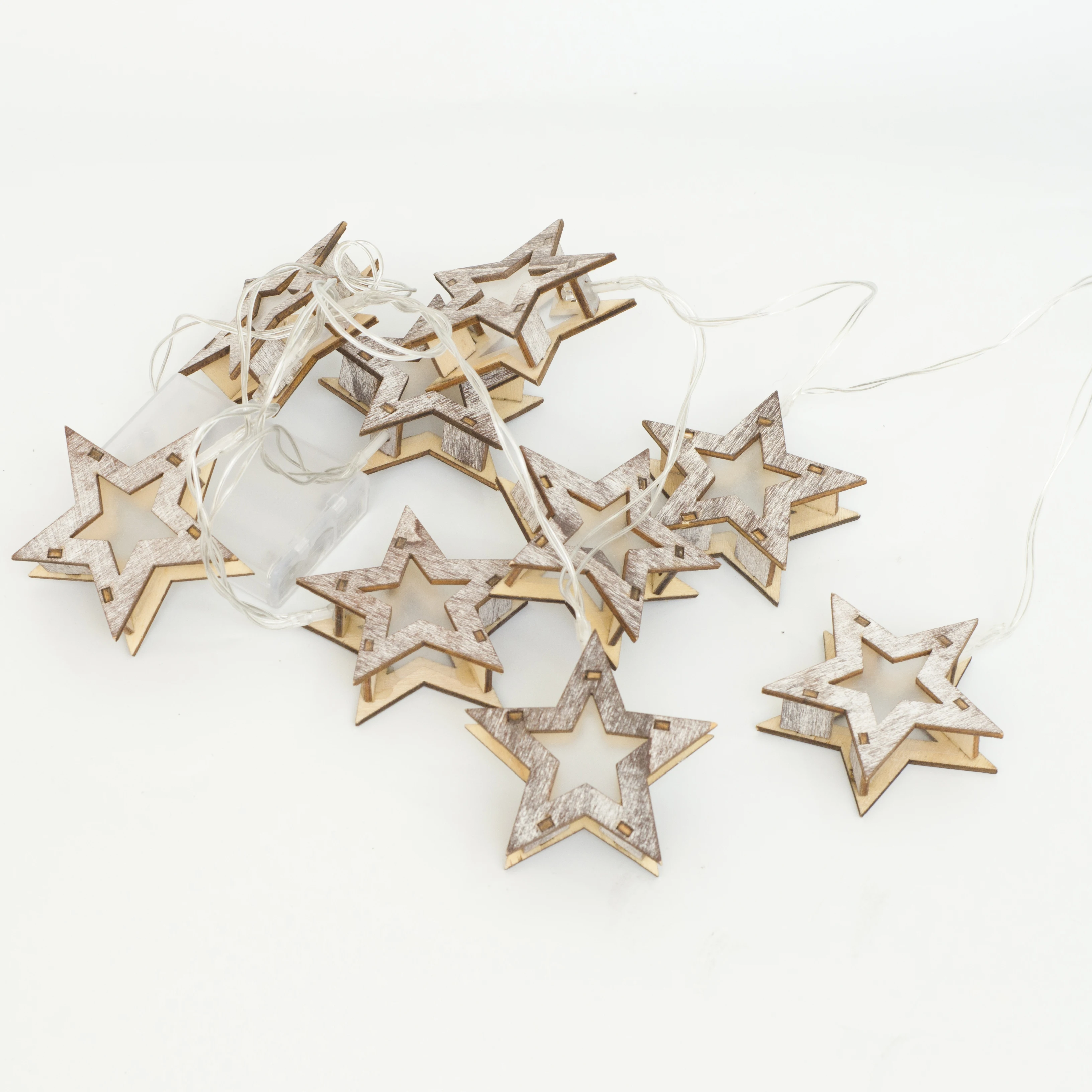 Custom Holiday Decoration 10 LED Battery Powered Wooden Christmas Star Shaped String Lights