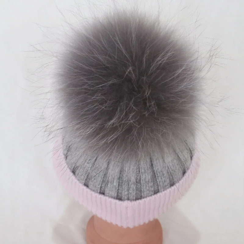 Baby soft winter fur bobble hats removable raccoon fur ball angora hats bi color children knitted hats