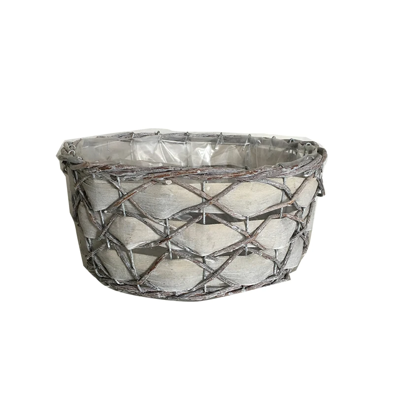Round Willow Basket Woodchips Storage Basket With Plastic For Planting Flowers