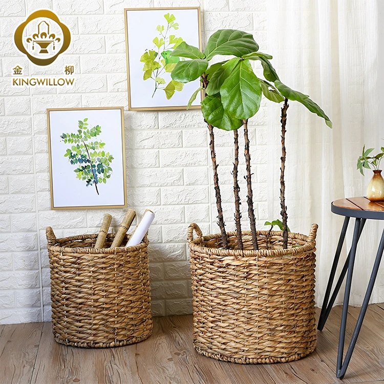 Handmade round water hyacinth grass laundry storage basket indoor planter basket with handle for home decor