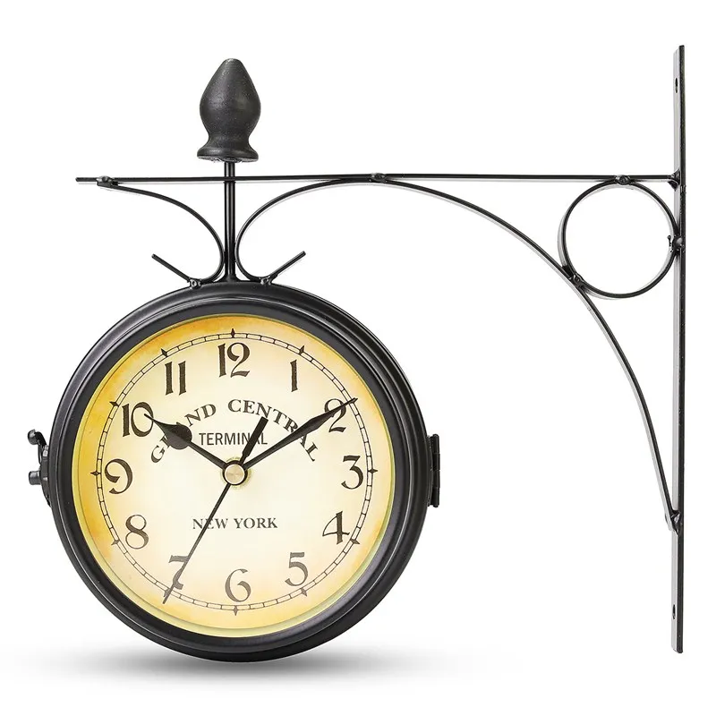 Garden Vintage Retro Home Decor Metal Frame Glass Dial Cover Charminer Double Sided Wall Mount Station Clock